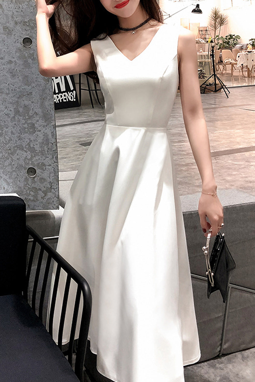 Women V-Neck Classy Smooth Skirt Sleeveless Solid Pattern Evening Party Dress