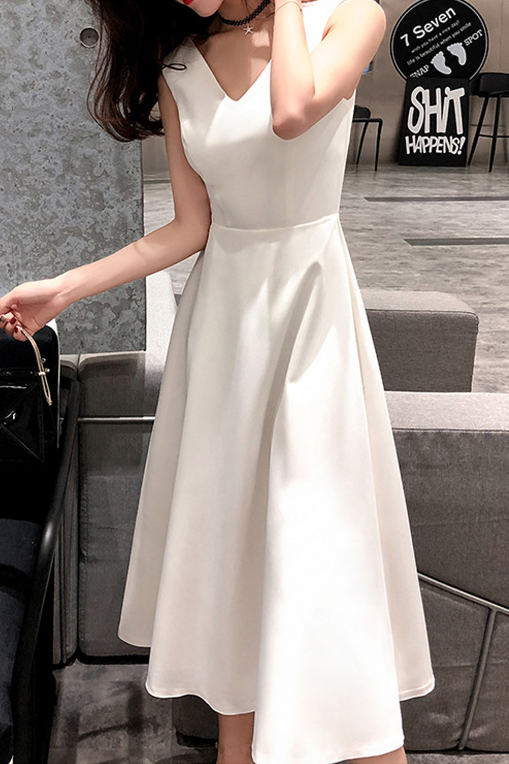 Women V-Neck Classy Smooth Skirt Sleeveless Solid Pattern Evening Party Dress