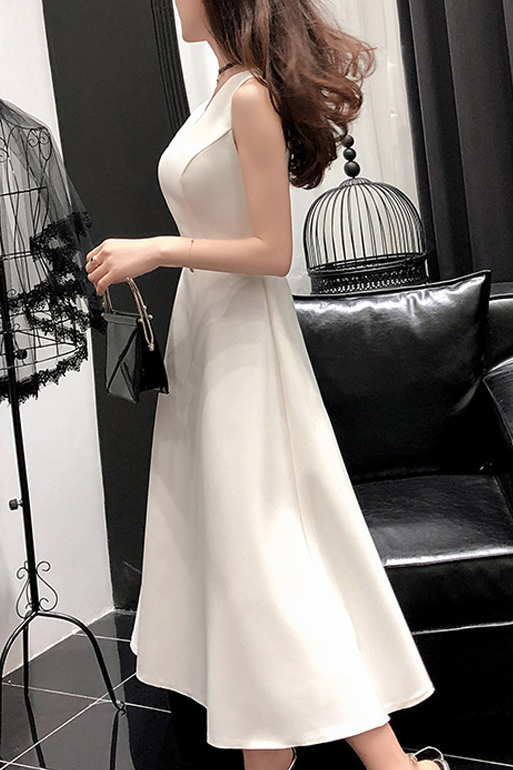 Women V-Neck Classy Smooth Skirt Sleeveless Solid Pattern Evening Party Dress