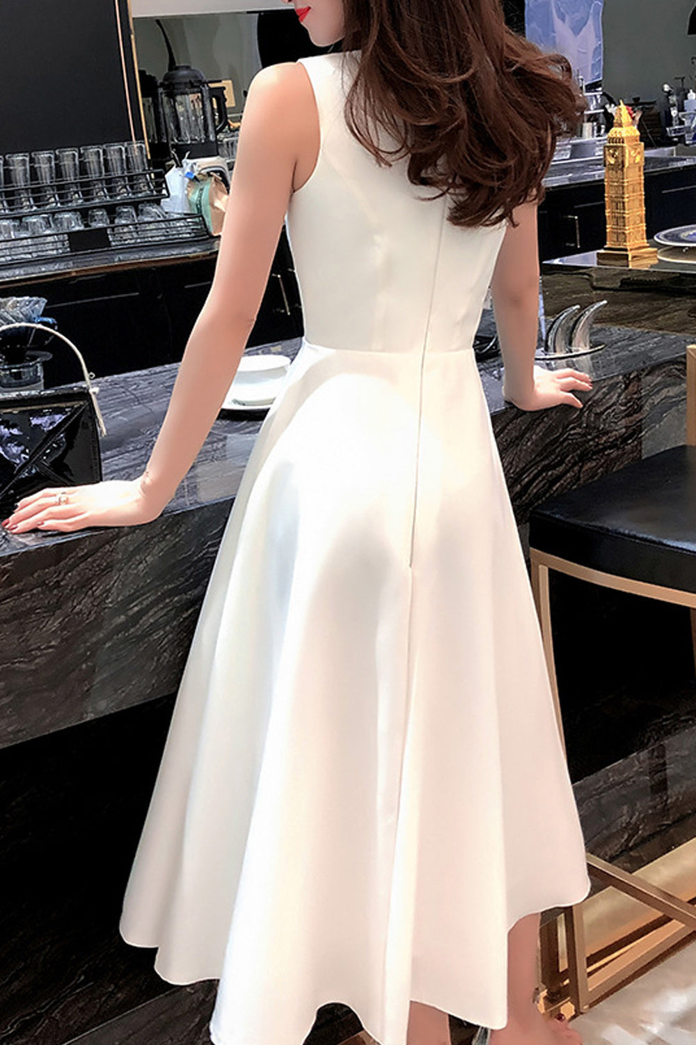 Women V-Neck Classy Smooth Skirt Sleeveless Solid Pattern Evening Party Dress