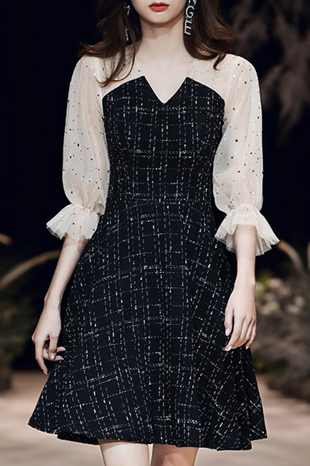 Women V-Neck Style Thin Long Sleeve Classy Evening Dress