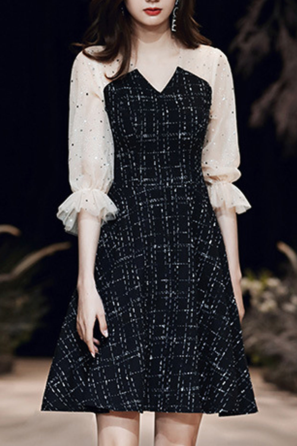 Women V-Neck Style Thin Long Sleeve Classy Evening Dress