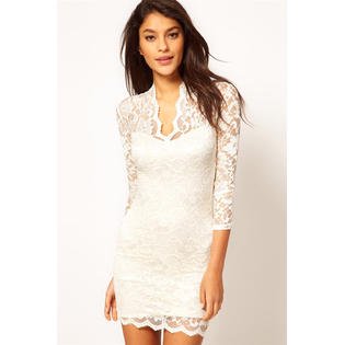 Women's American V-neck Lace Slim Hip Skirt Style Sleeve Lace Dress White