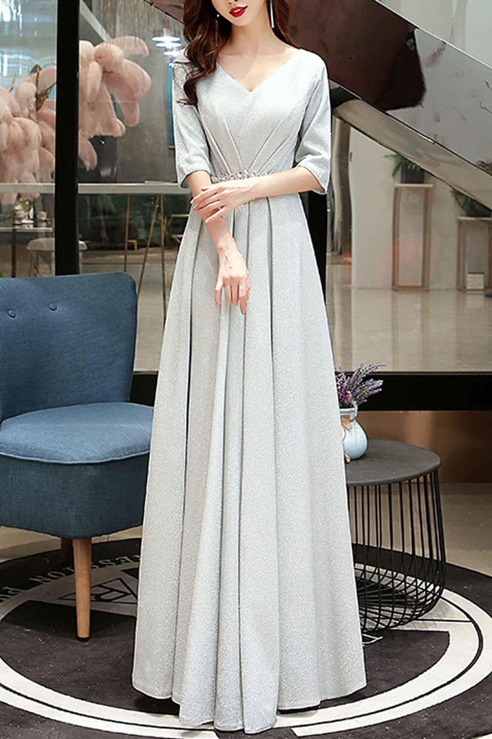 Women Long Length Half Sleeve V-Neck Solid Pattern Lovely Evening Dress