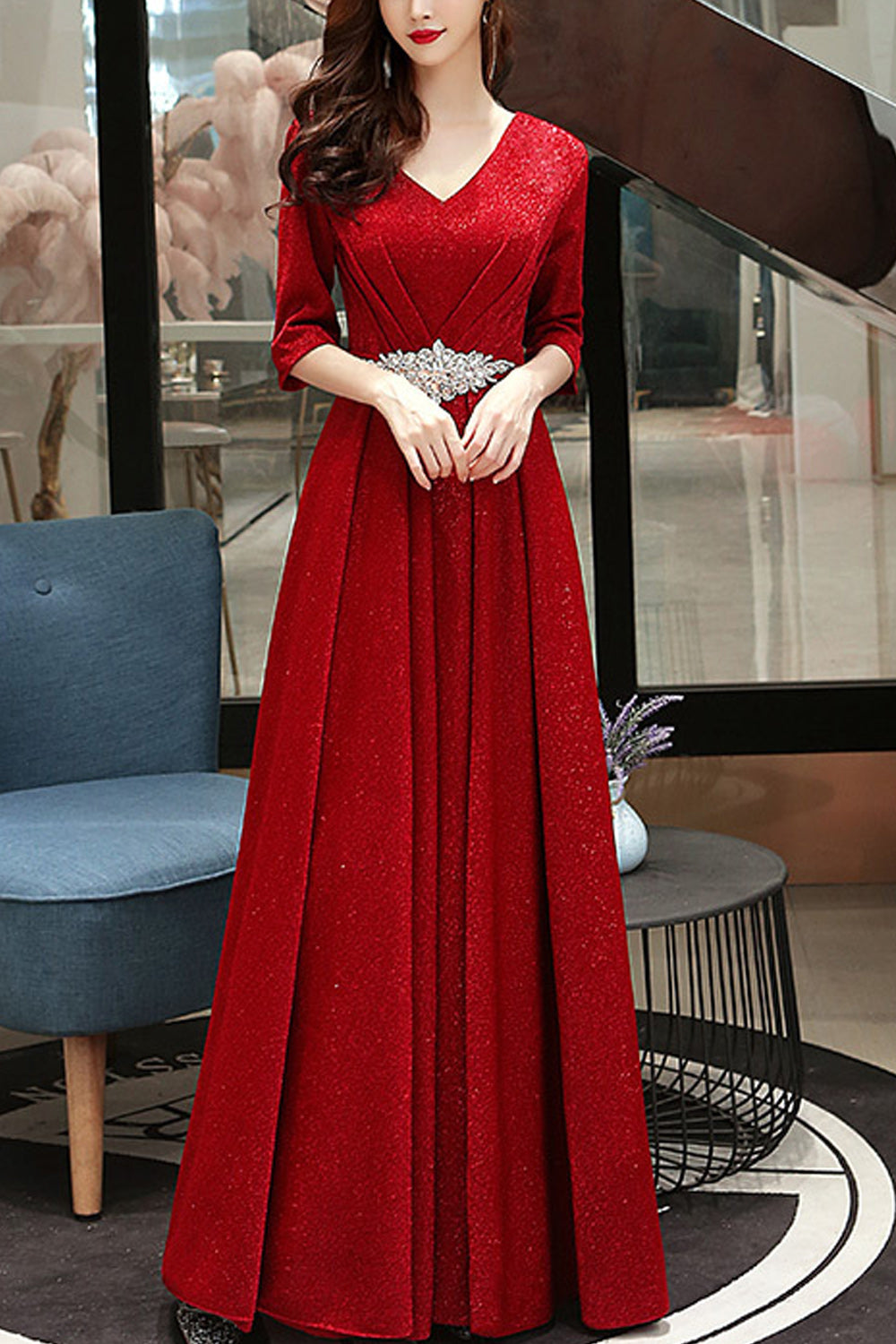 Women Long Length Half Sleeve V-Neck Solid Pattern Lovely Evening Dress