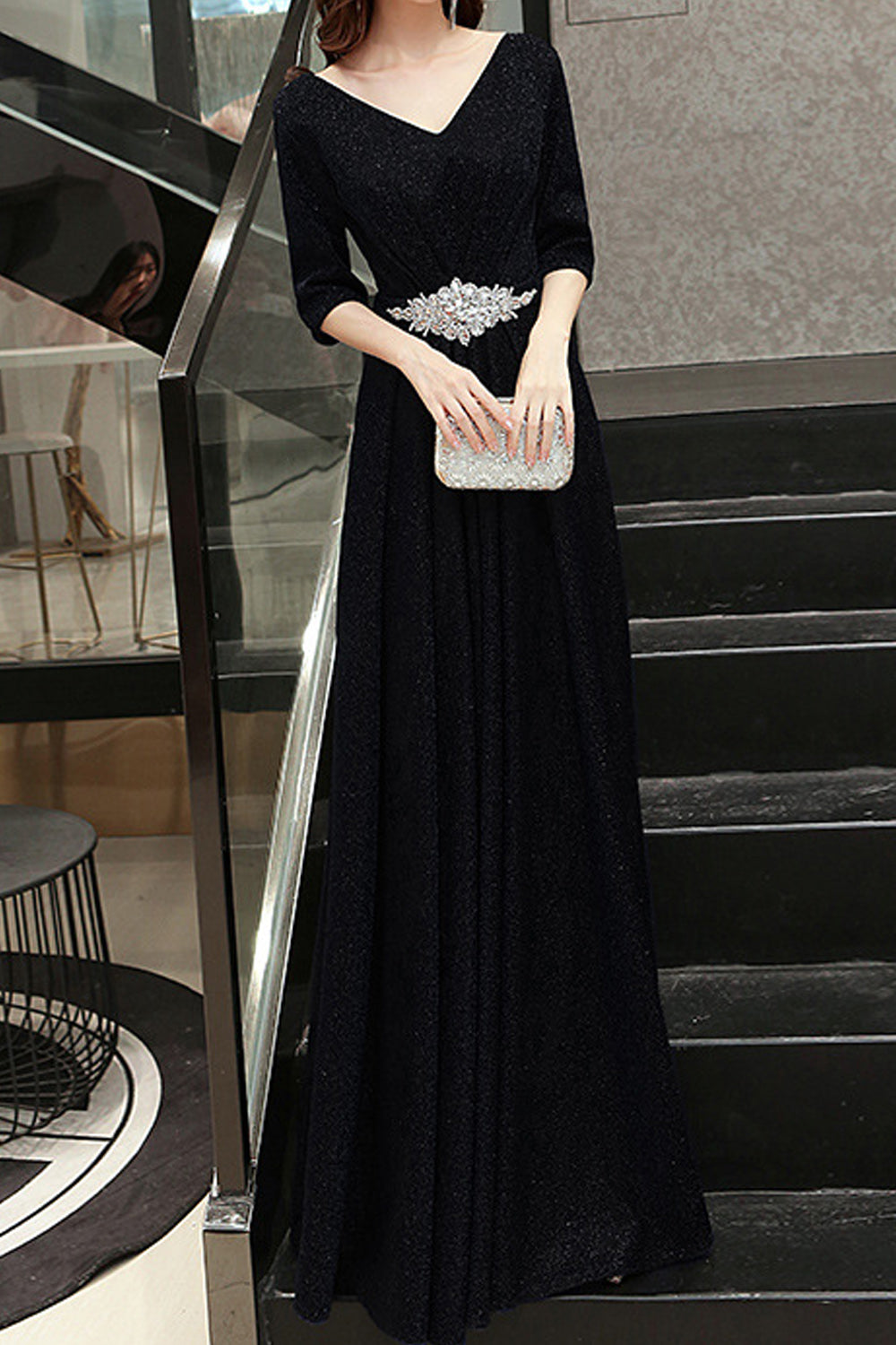Women Long Length Half Sleeve V-Neck Solid Pattern Lovely Evening Dress