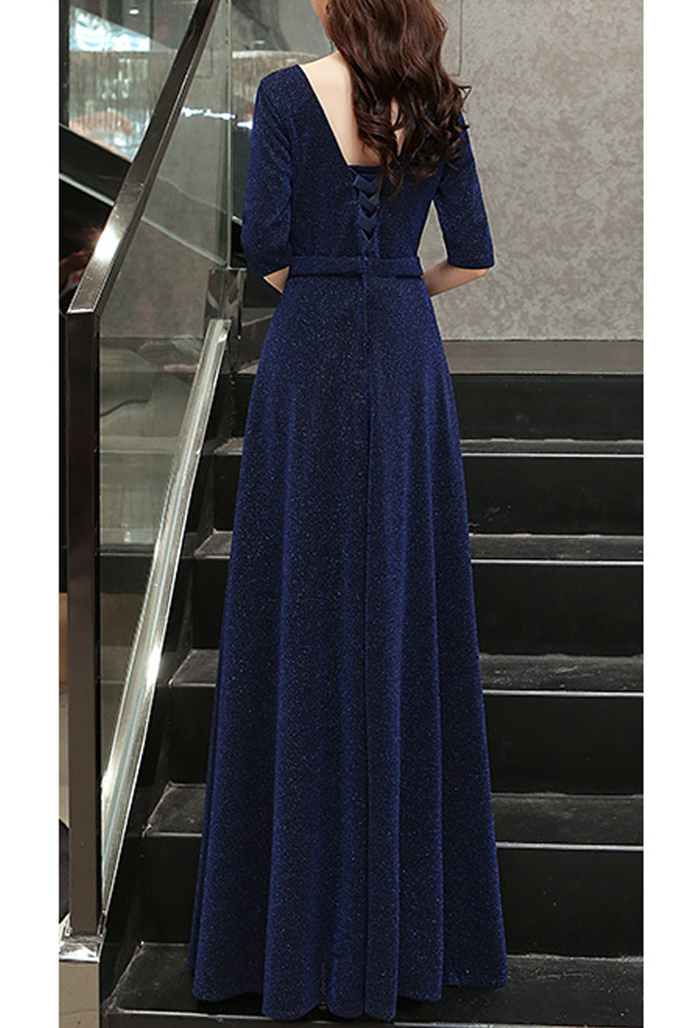 Women Long Length Half Sleeve V-Neck Solid Pattern Lovely Evening Dress