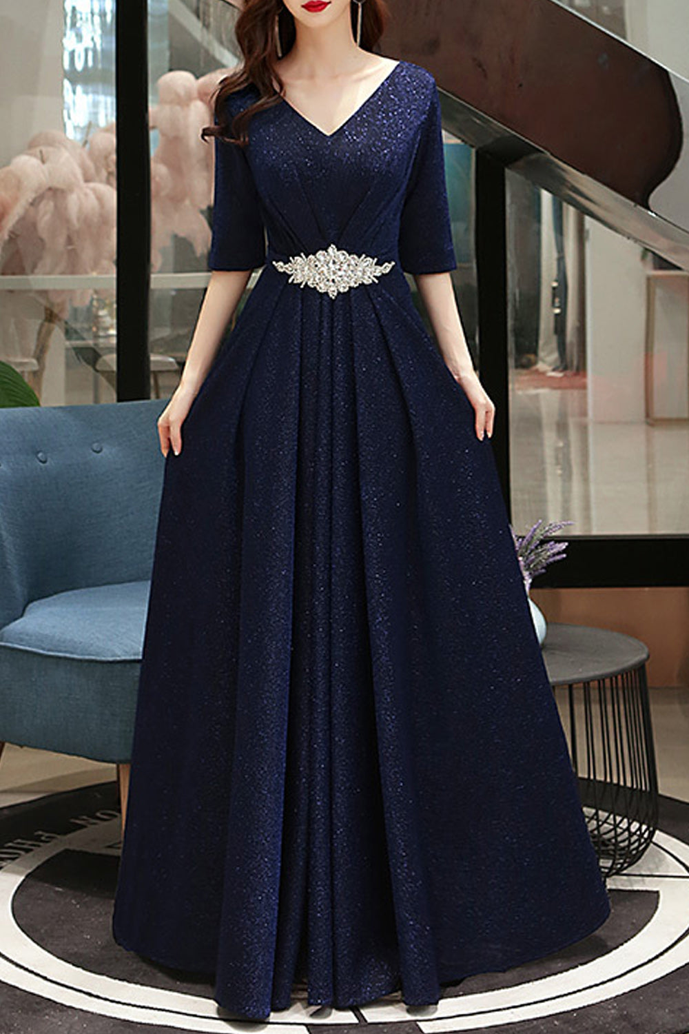 Women Long Length Half Sleeve V-Neck Solid Pattern Lovely Evening Dress