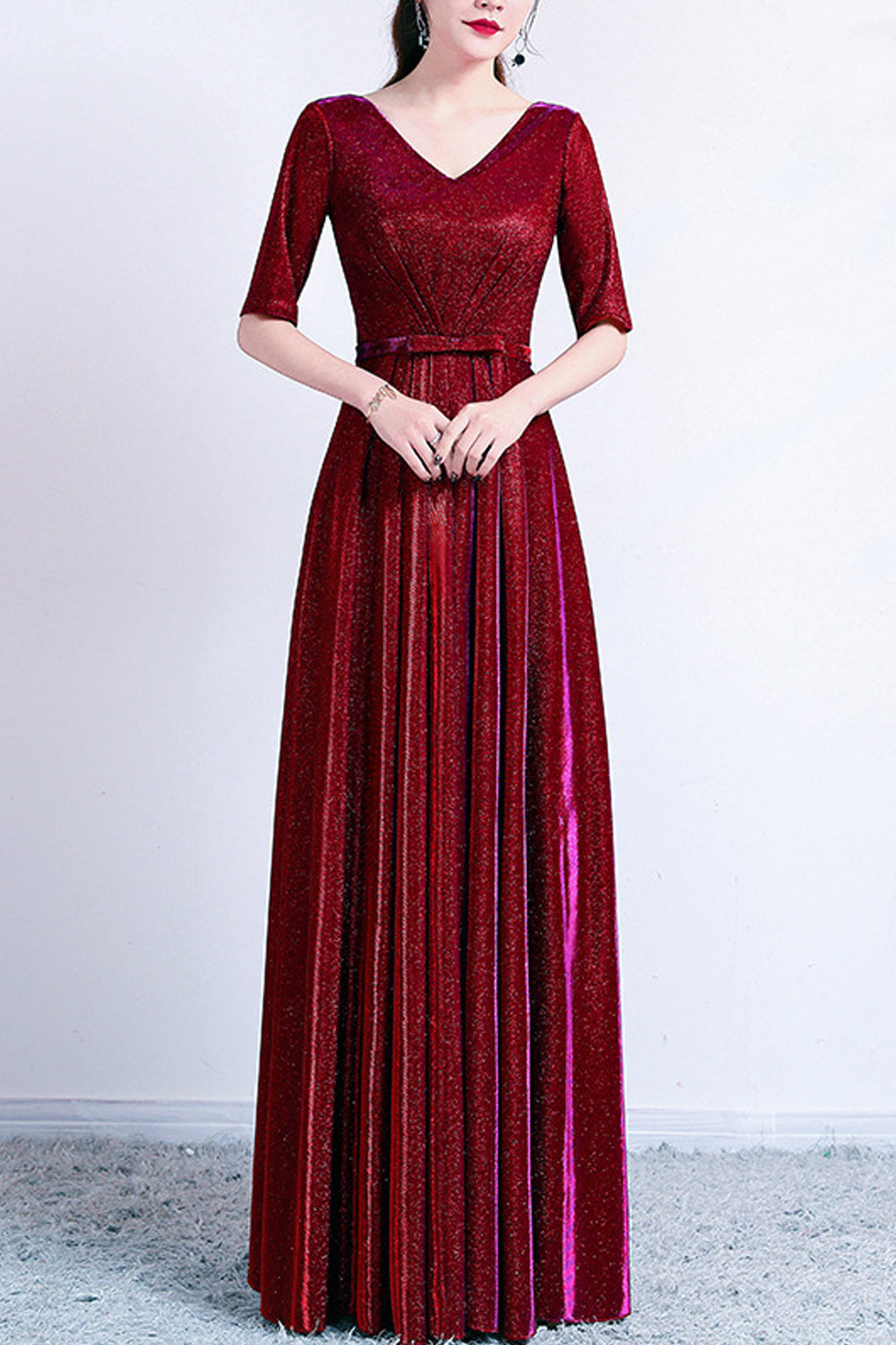 Women Half Sleeve V-Neck Style Pretty Solid Colored Long Skirt Evening Dress
