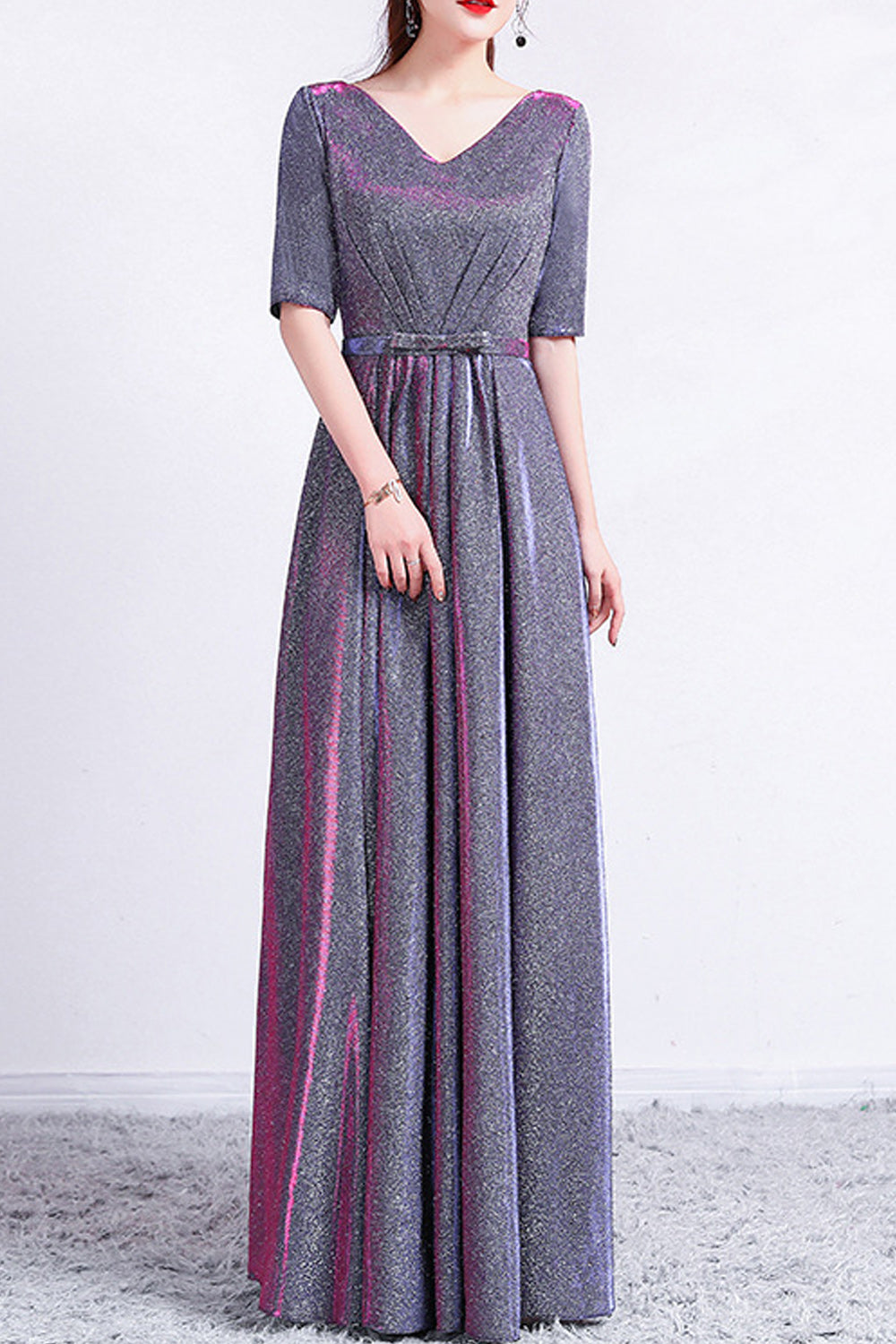 Women Half Sleeve V-Neck Style Pretty Solid Colored Long Skirt Evening Dress
