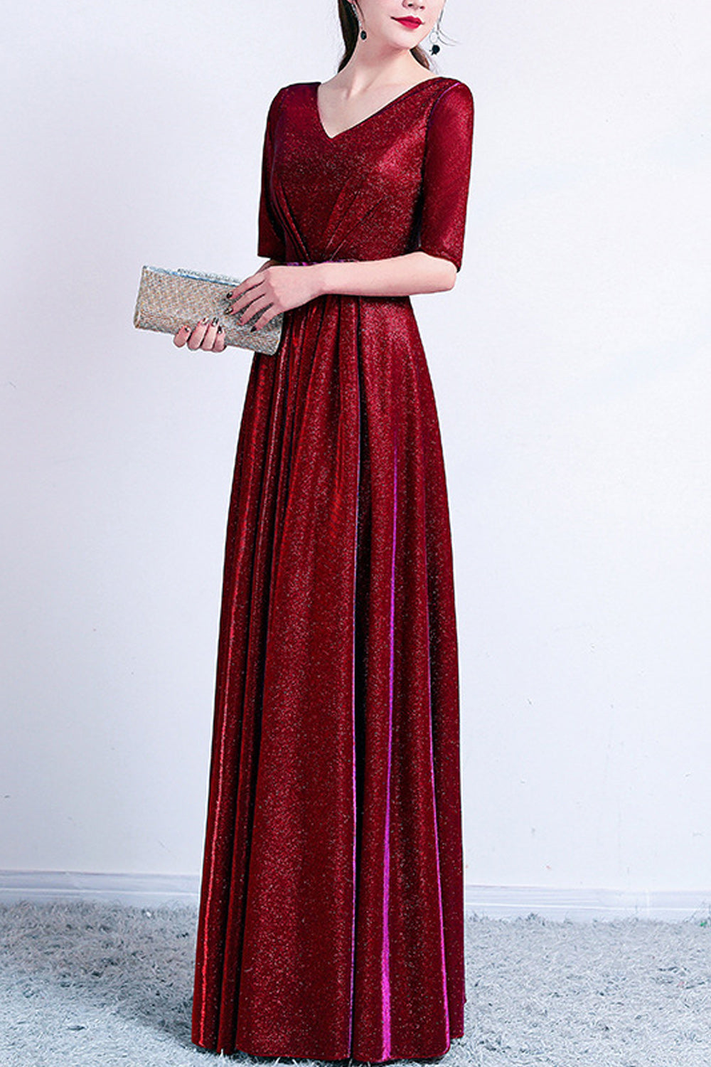 Women Half Sleeve V-Neck Style Pretty Solid Colored Long Skirt Evening Dress