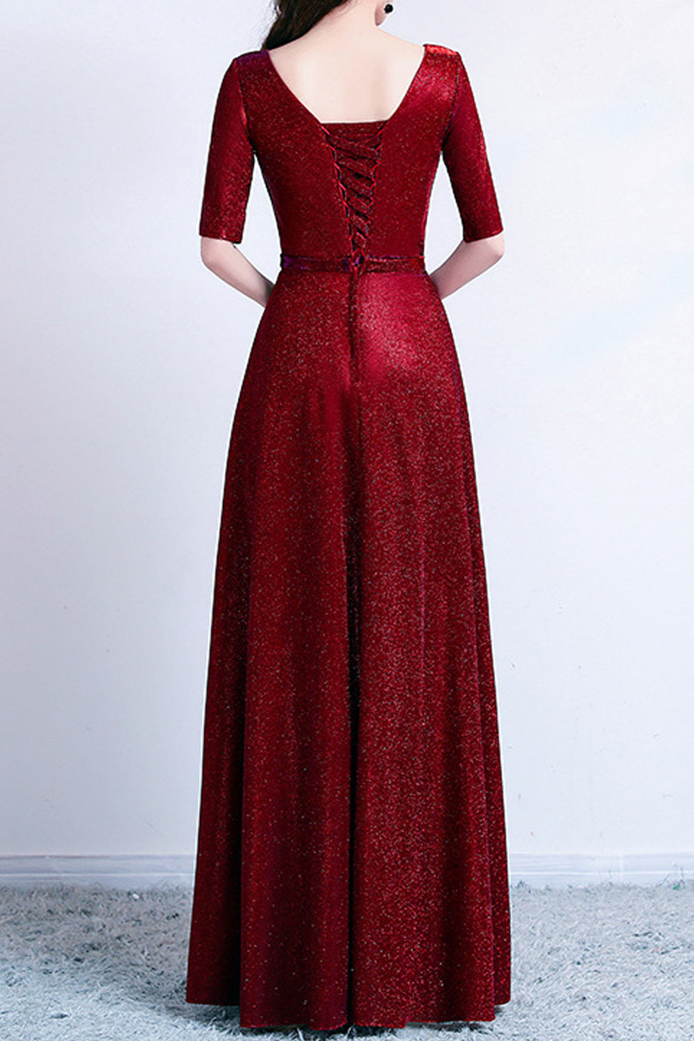 Women Half Sleeve V-Neck Style Pretty Solid Colored Long Skirt Evening Dress