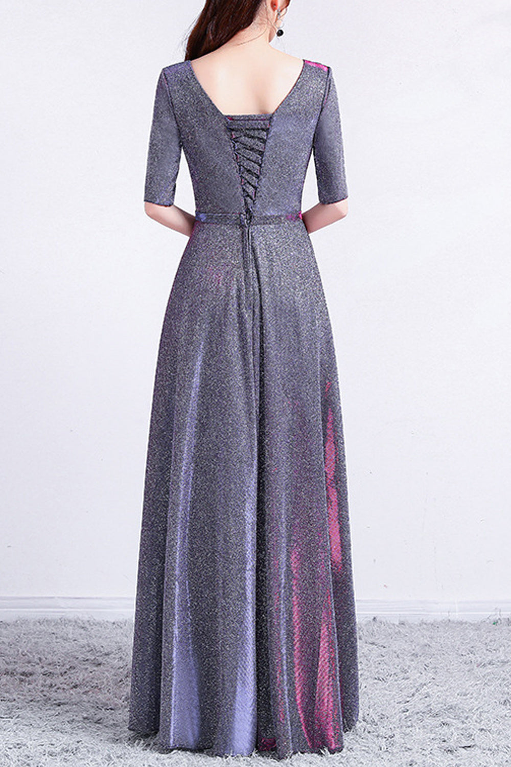 Women Half Sleeve V-Neck Style Pretty Solid Colored Long Skirt Evening Dress