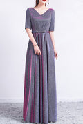 Women Half Sleeve V-Neck Style Pretty Solid Colored Long Skirt Evening Dress