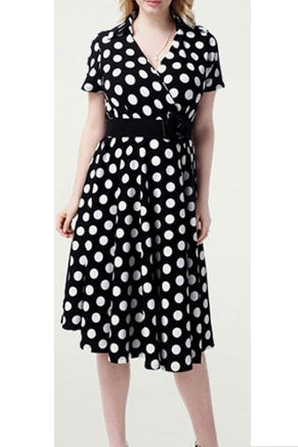 Women Collar Neck Plus Size Polka Dots Dress Black