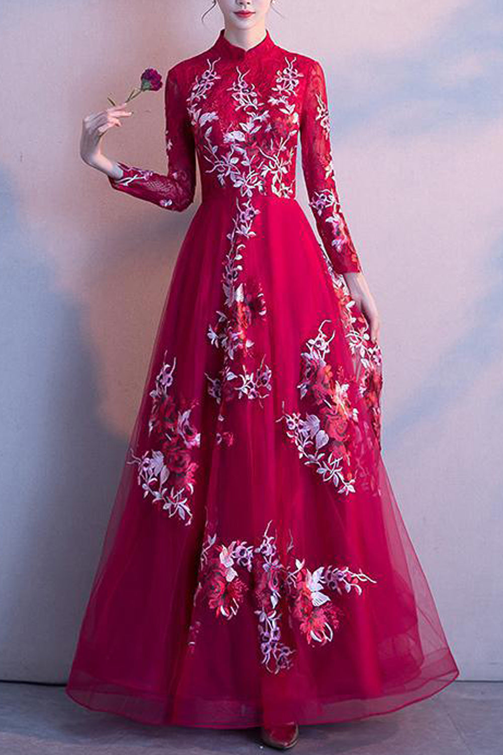 Women Half Sleeve Flower Embroidered Style Stand Collar Party Dress