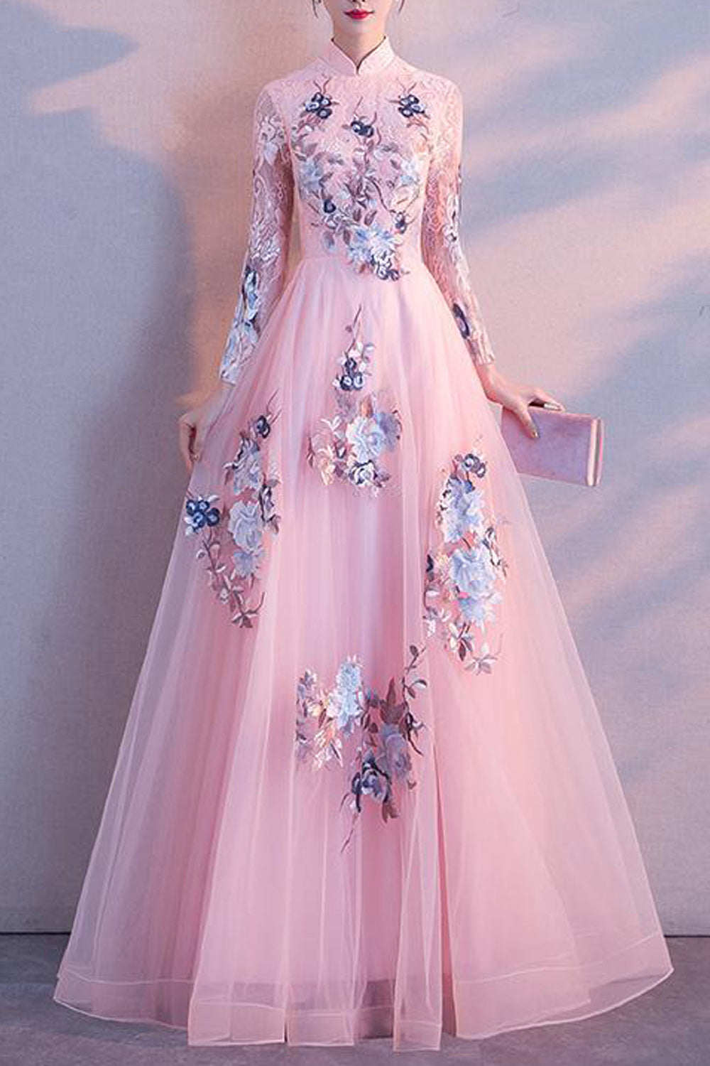 Women Half Sleeve Flower Embroidered Style Stand Collar Party Dress