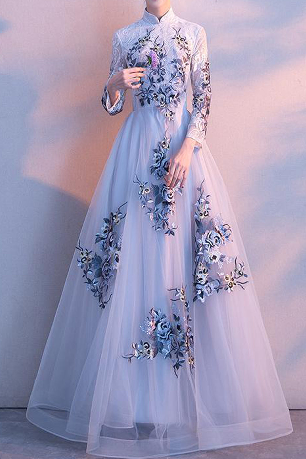 Women Half Sleeve Flower Embroidered Style Stand Collar Party Dress