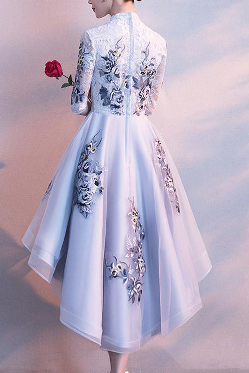 Women Half Sleeve Flower Embroidered Style Stand Collar Party Dress