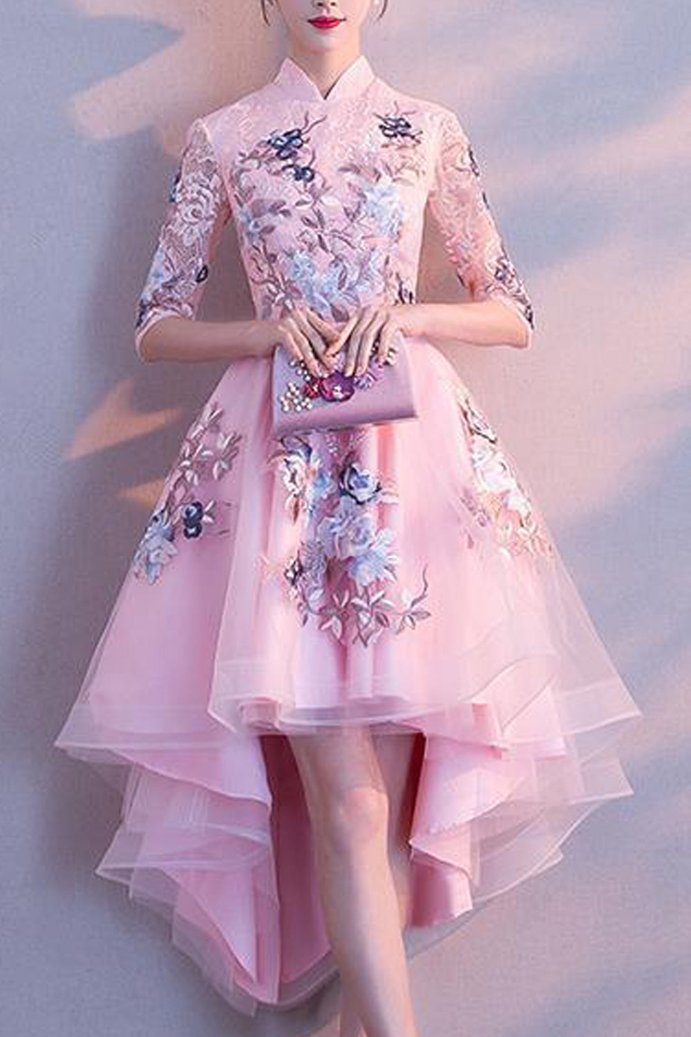 Women Half Sleeve Flower Embroidered Style Stand Collar Party Dress