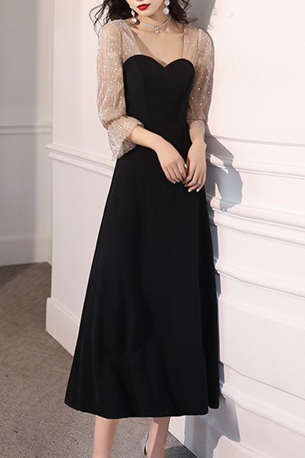 Women Thin Long Sleeve Solid Pattern Soft Classy Evening Dress