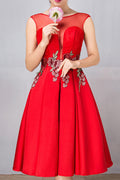 Women Pretty Flower Embroidered Solid Colored Round Neck Party Dress