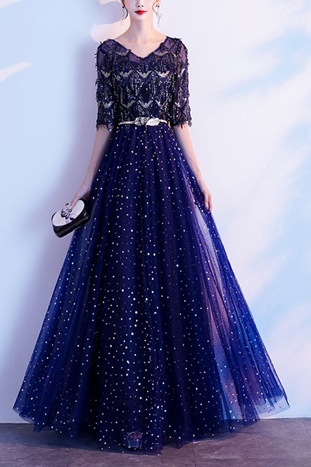 Women Beautiful Half Sleeve V-Neck Style Thin Long Skirt Evening Dress