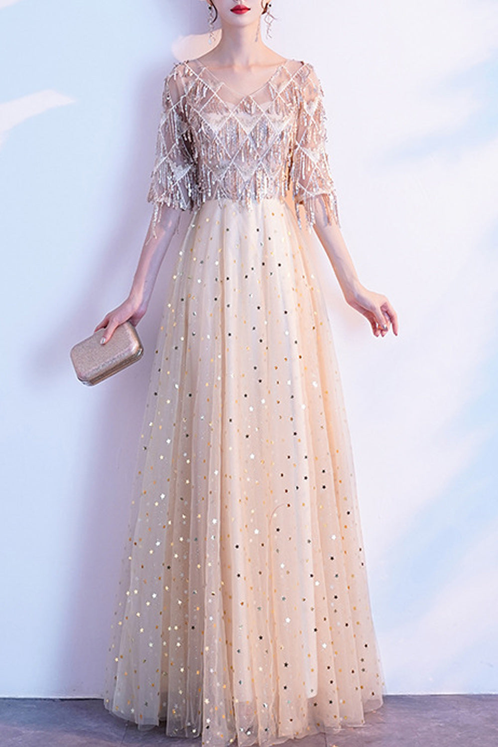Women Beautiful Half Sleeve V-Neck Style Thin Long Skirt Evening Dress