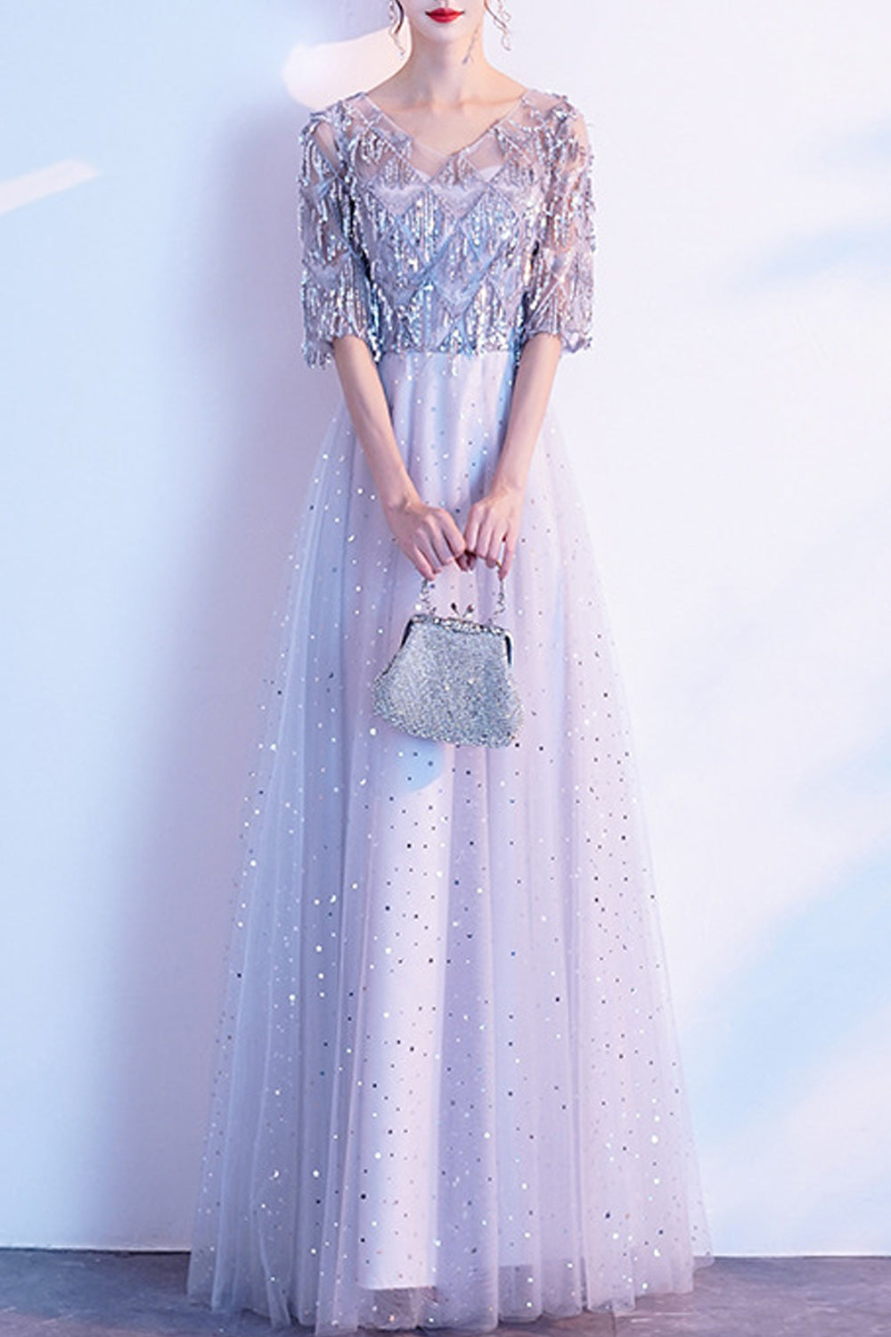Women Beautiful Half Sleeve V-Neck Style Thin Long Skirt Evening Dress