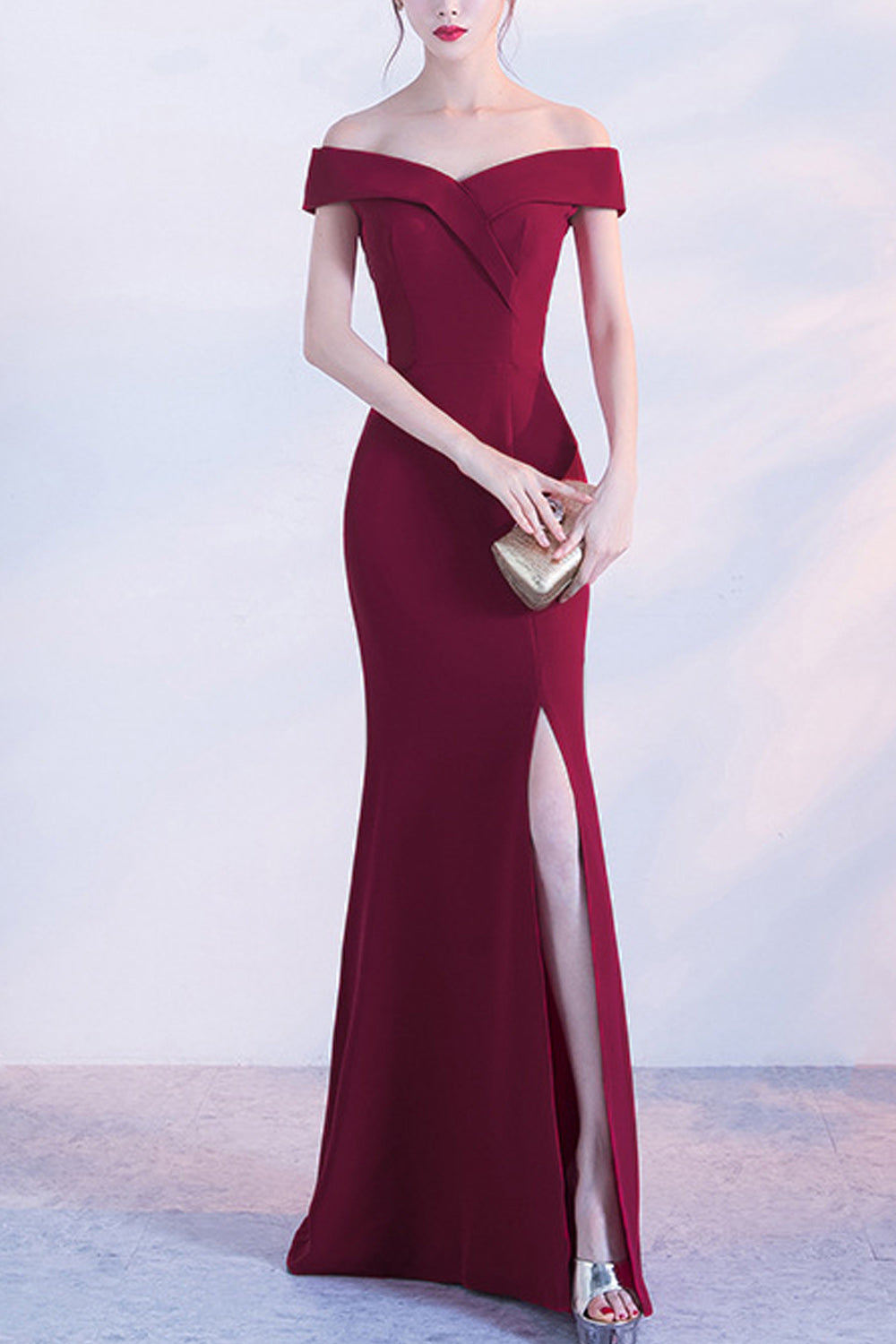 Women Off-Shoulder Slit Hem Style Solid Pattern Pretty Party Dress