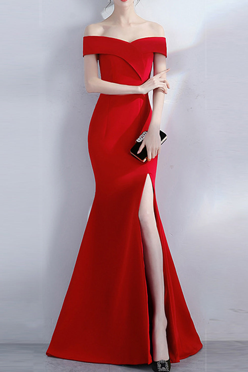 Women Off-Shoulder Slit Hem Style Solid Pattern Pretty Party Dress