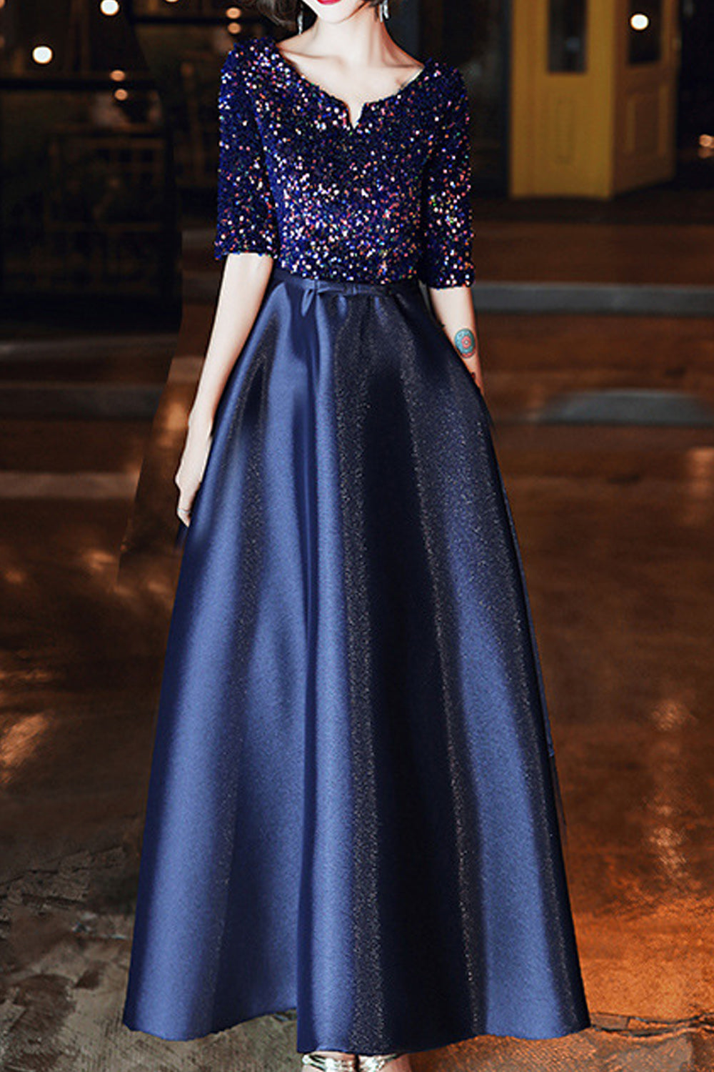 Women Smooth Short Skirt Half Sleeve Shiny Sequins Party Dress