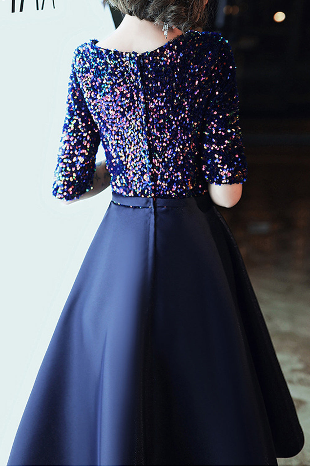 Women Smooth Short Skirt Half Sleeve Shiny Sequins Party Dress