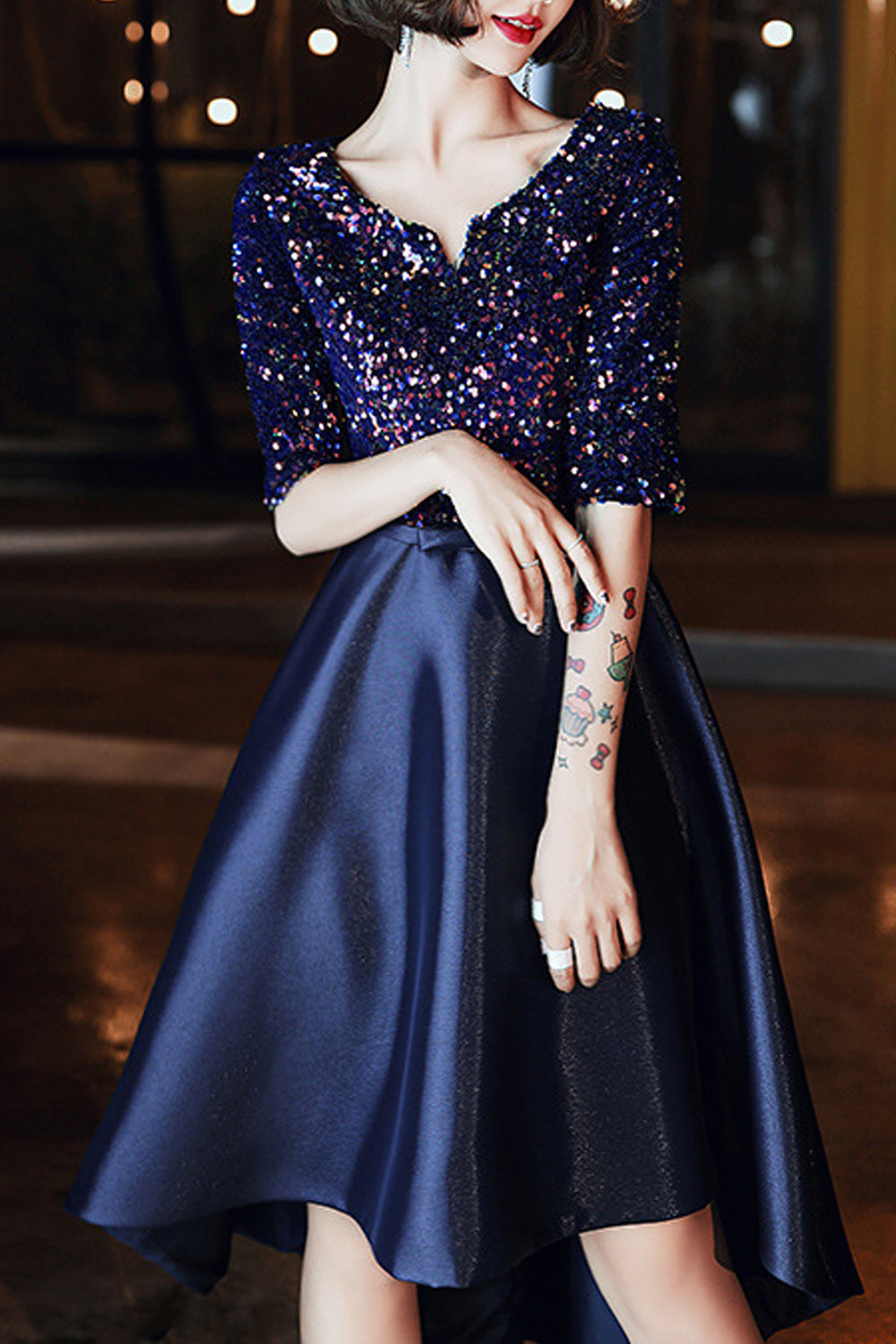 Women Smooth Short Skirt Half Sleeve Shiny Sequins Party Dress
