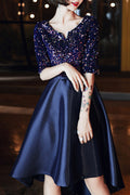 Women Smooth Short Skirt Half Sleeve Shiny Sequins Party Dress