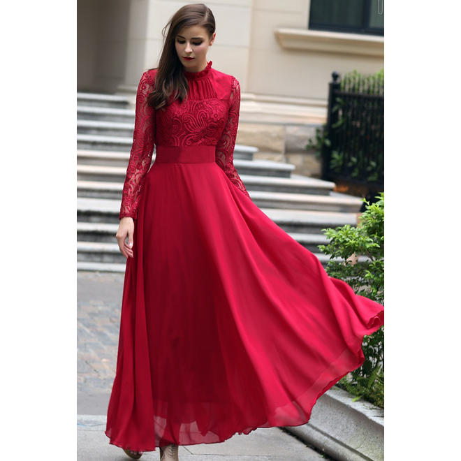 Women Chiffon Lace Sleeves Big Swing Maxi Prom Night Dress Red Wine