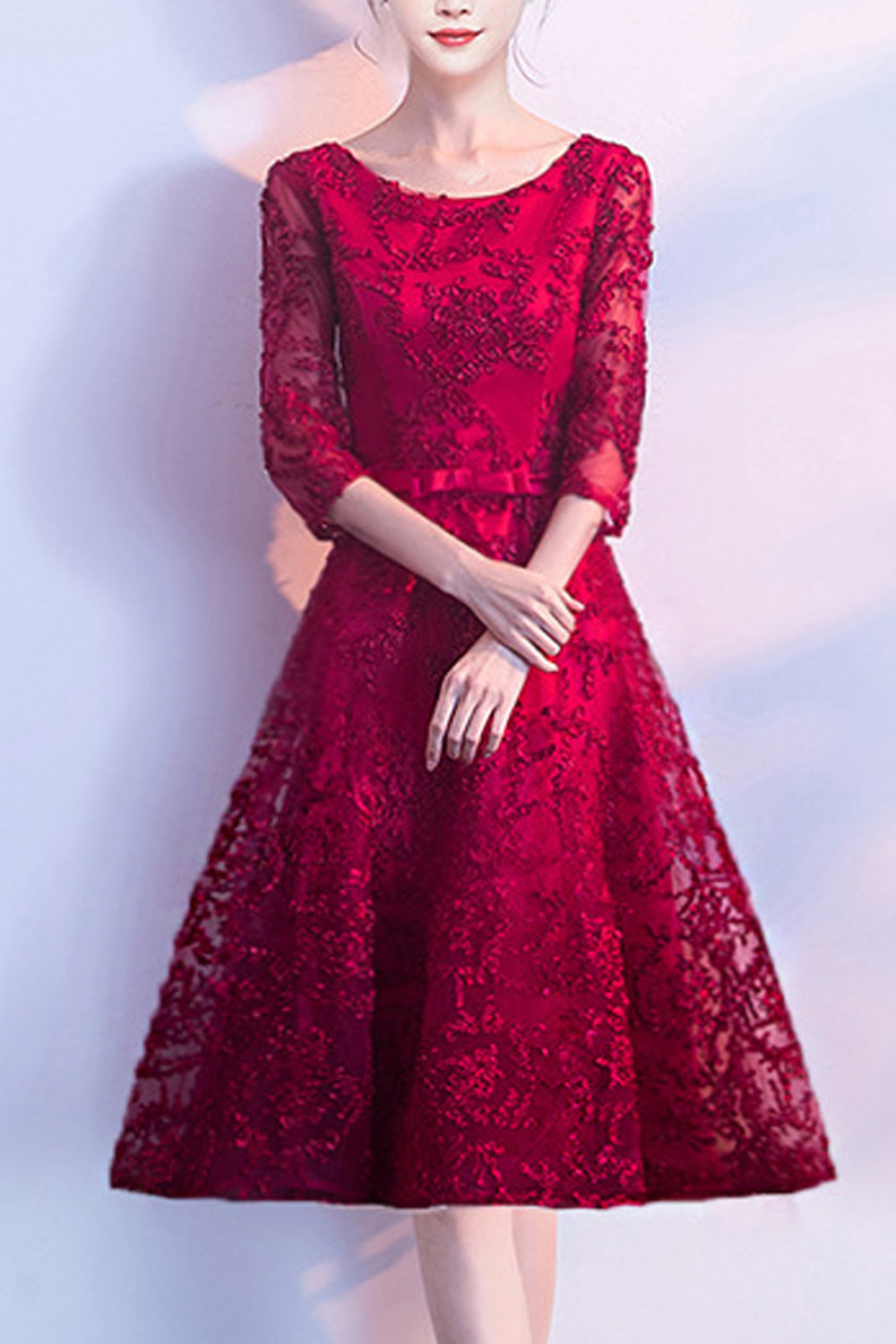 Women Round Neck Mid Length Sequins Decorated Bridesmaid Evening Party Dress