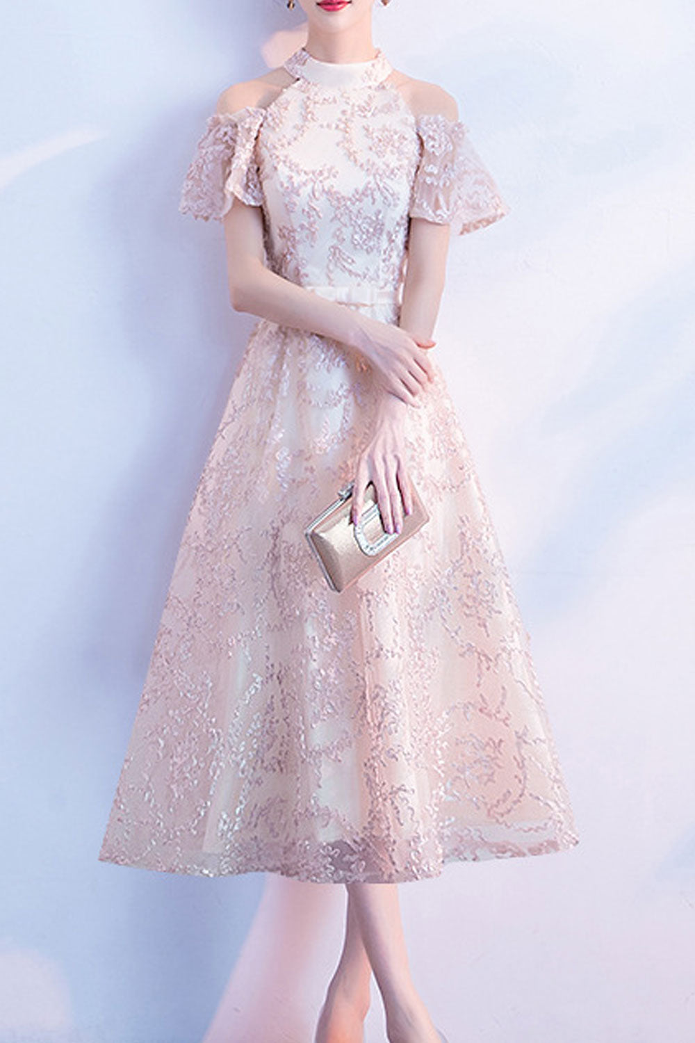 Women Round Neck Mid Length Sequins Decorated Bridesmaid Evening Party Dress