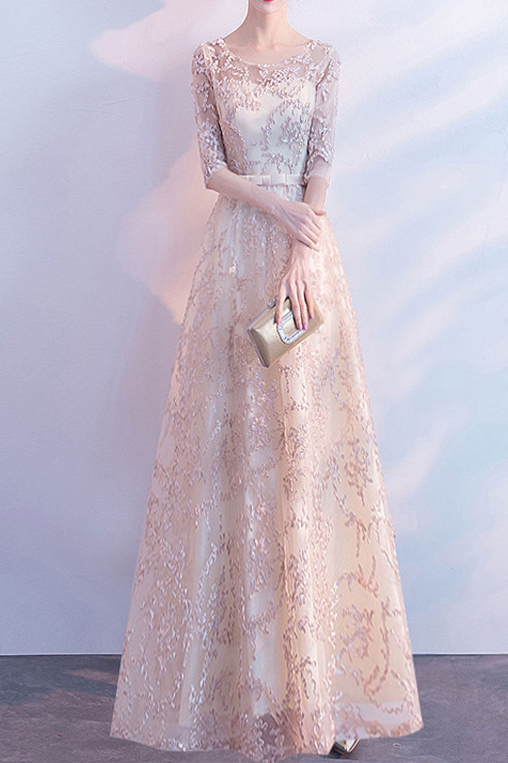 Women Round Neck Mid Length Sequins Decorated Bridesmaid Evening Party Dress