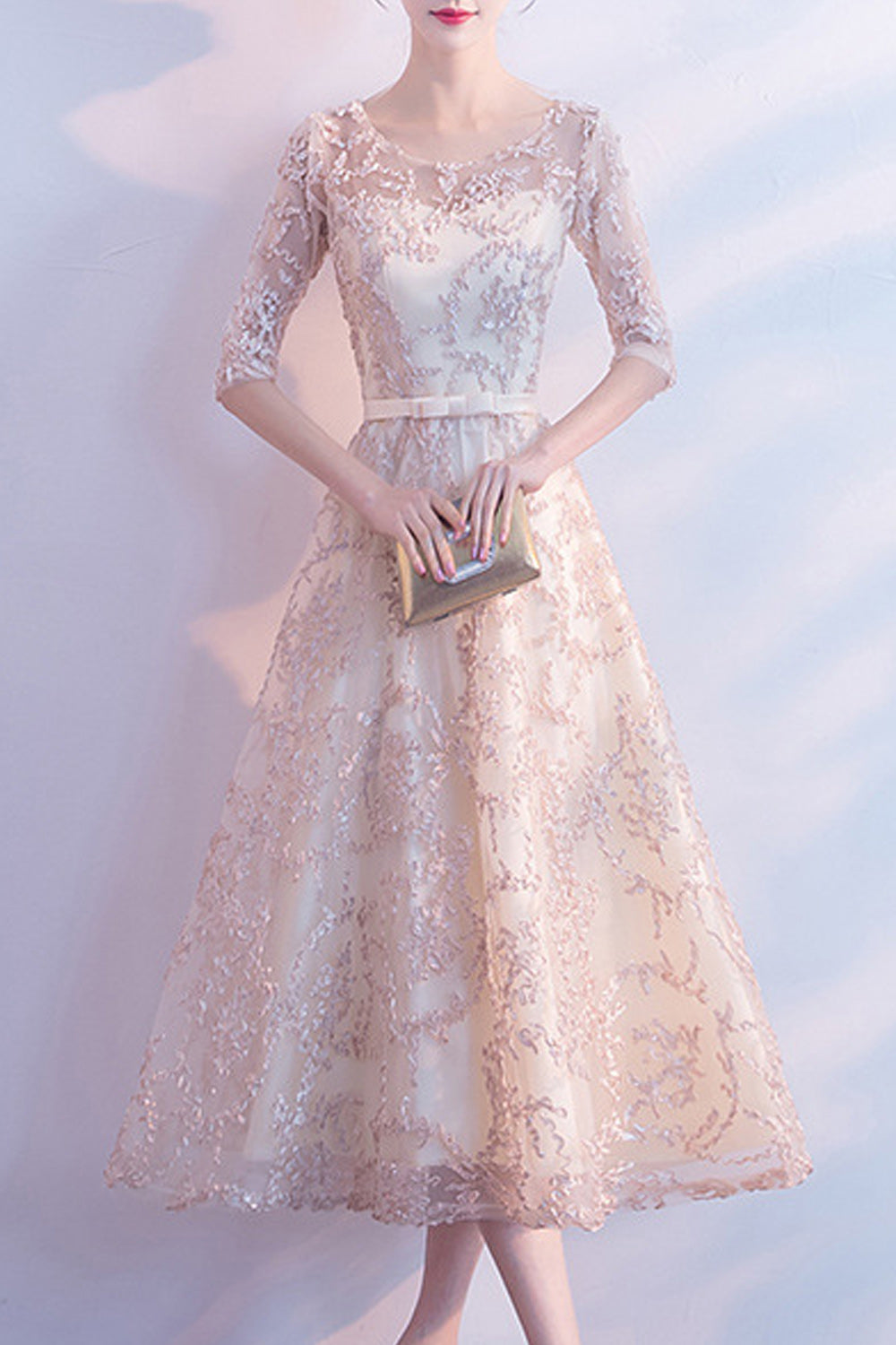 Women Round Neck Mid Length Sequins Decorated Bridesmaid Evening Party Dress