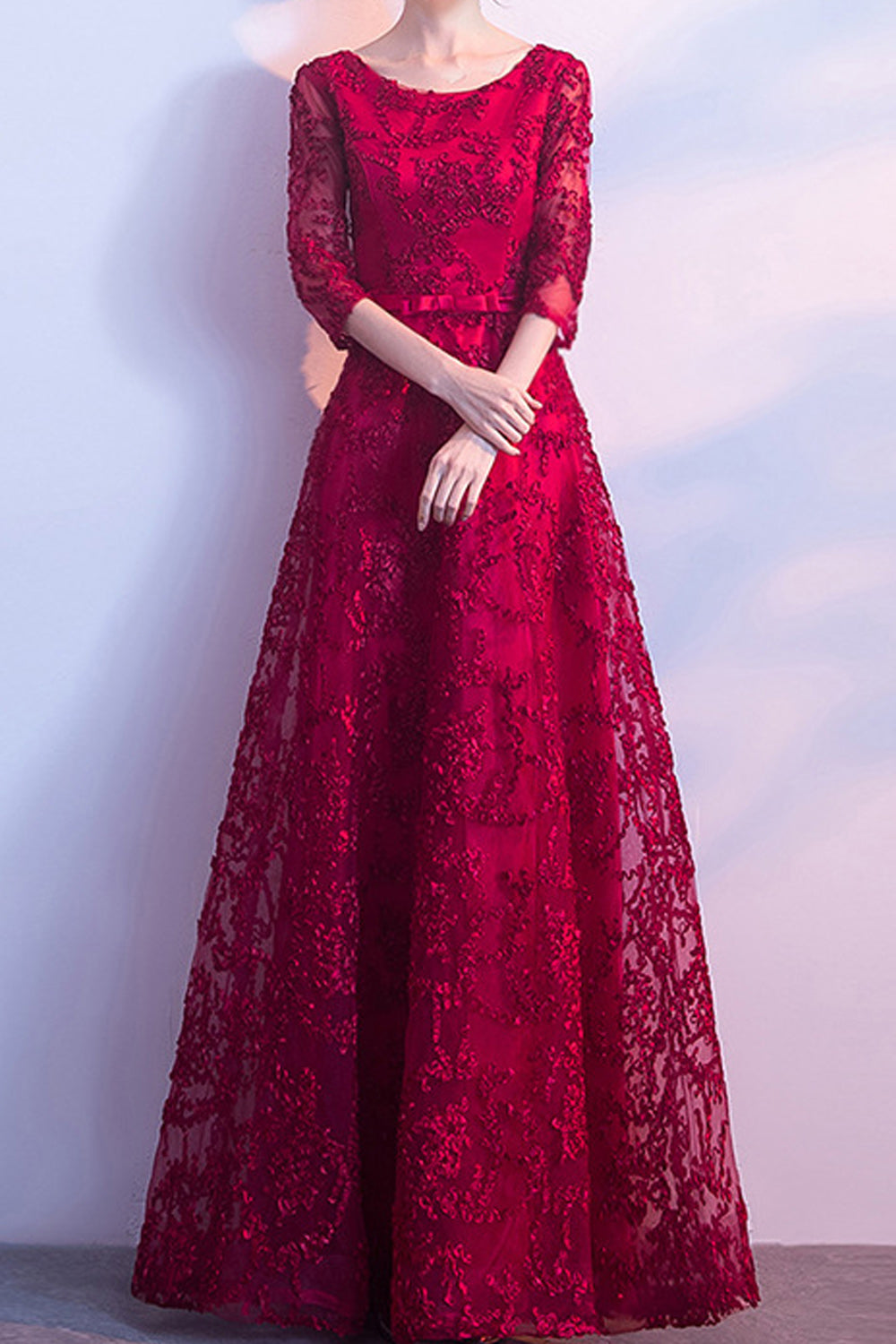 Women Round Neck Mid Length Sequins Decorated Bridesmaid Evening Party Dress