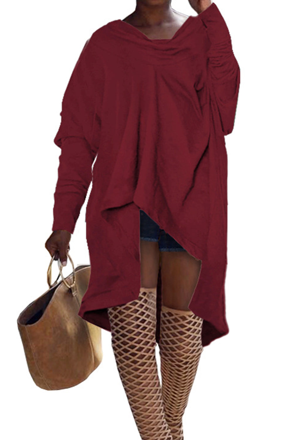 Women Plus Long Sleeve Easy Round Neck Irregular Hem Fashionable Solid Colored Casual Dress