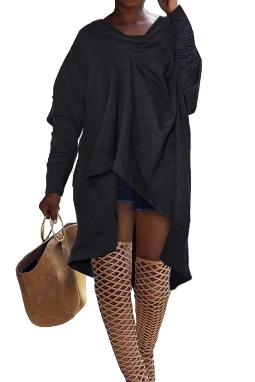 Women Plus Long Sleeve Easy Round Neck Irregular Hem Fashionable Solid Colored Casual Dress
