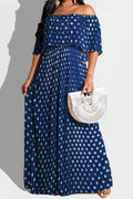 Women Elegant Polka Dotted Pattern Off-Shoulder Short Sleeve Long Length Stylish Dress