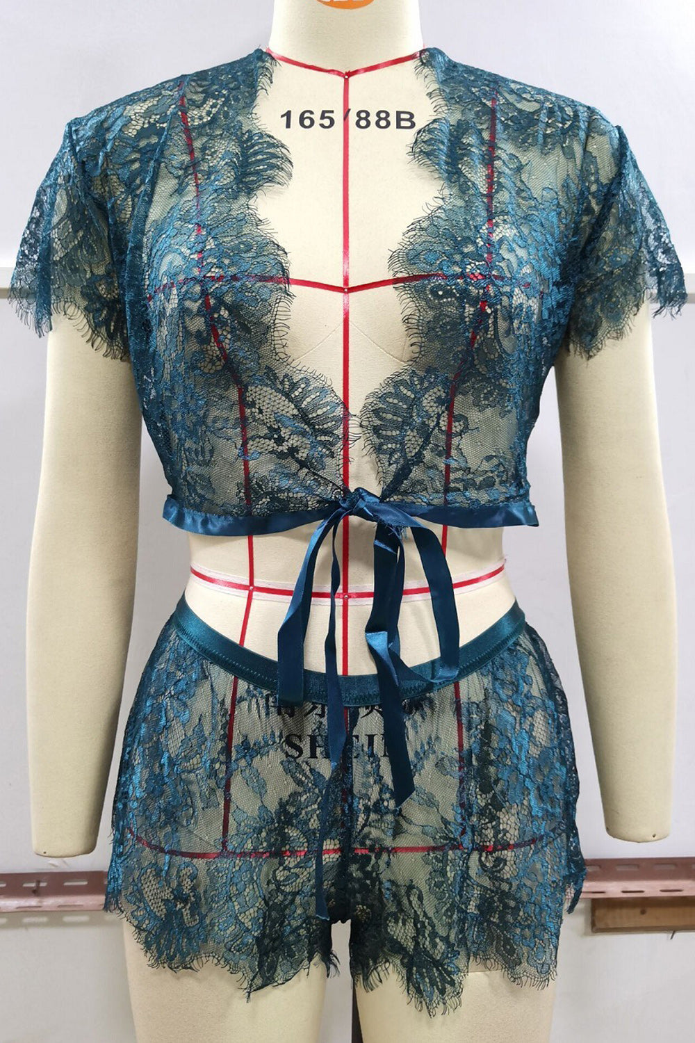 Women Short Sleeve Restful Deep V-Neck Beautiful Lace Pattern See Through Two-Piece Lingerie
