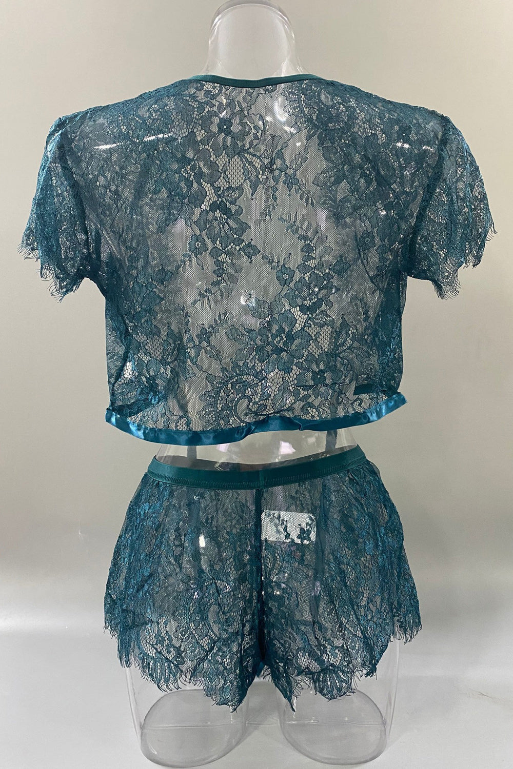Women Short Sleeve Restful Deep V-Neck Beautiful Lace Pattern See Through Two-Piece Lingerie
