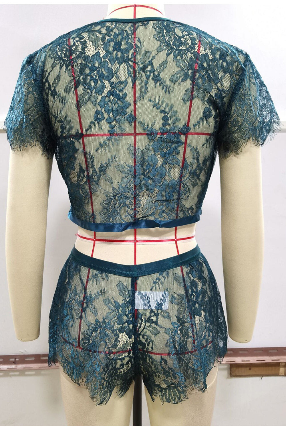Women Short Sleeve Restful Deep V-Neck Beautiful Lace Pattern See Through Two-Piece Lingerie