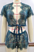 Women Short Sleeve Restful Deep V-Neck Beautiful Lace Pattern See Through Two-Piece Lingerie