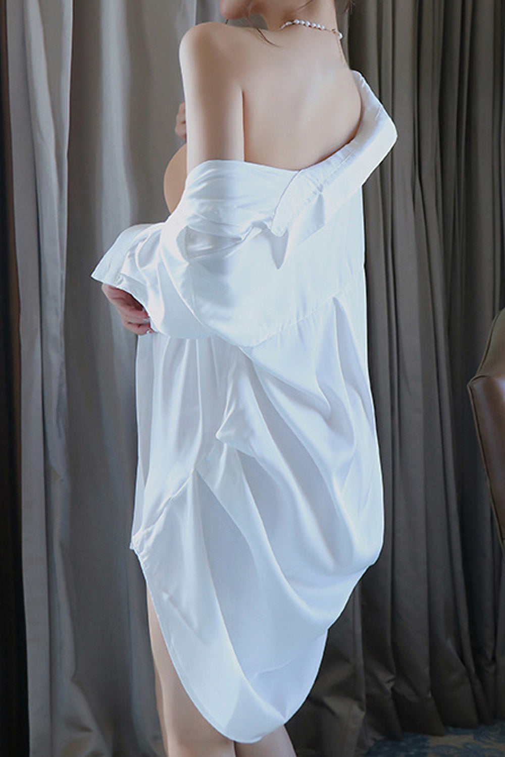 Women Deep V-Neck Thin Long Sleeve Easy Collar Neck Button Closure Summer Comfortable Lingerie