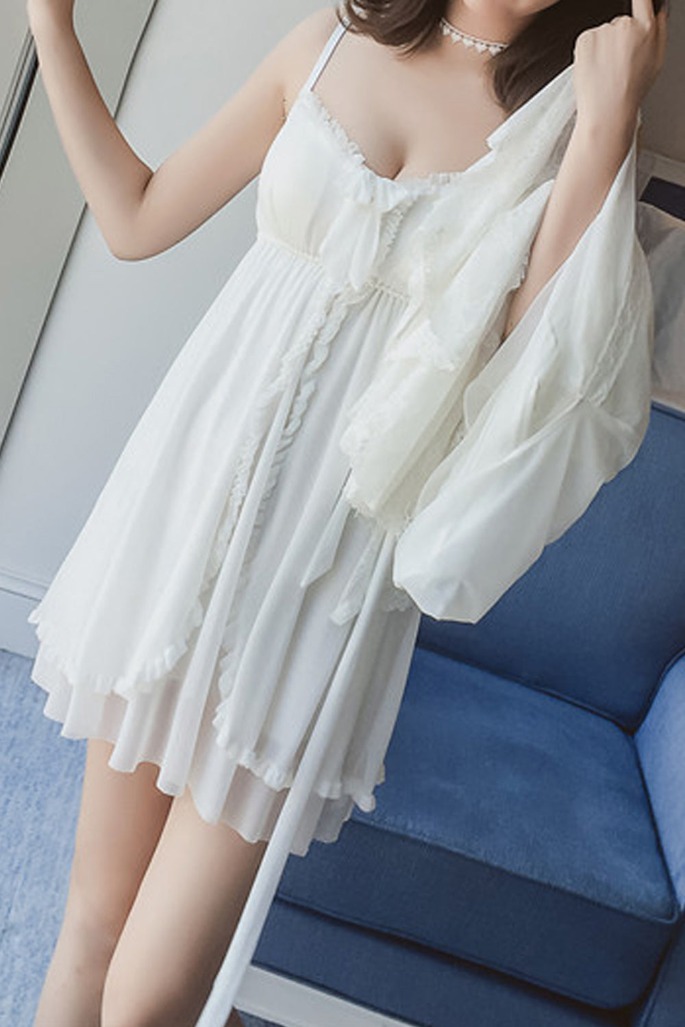 Women See Through Long Sleeve Deep V-Neck Delightful Solid Colored Summer Two-Piece Lingerie